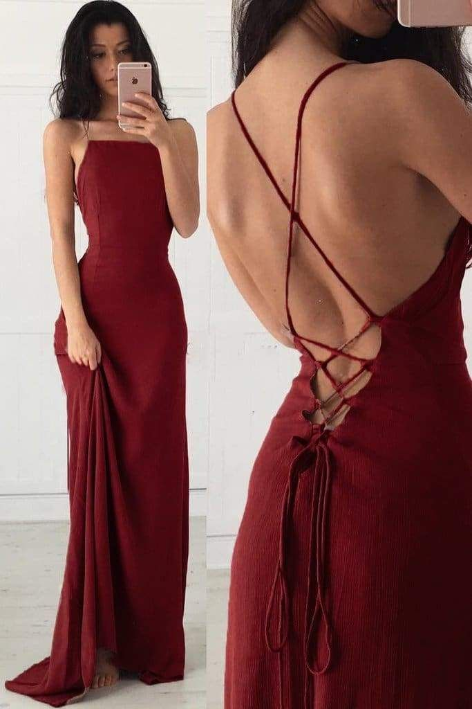 Sexy Spaghetti Straps Burgundy Formal Prom Dress Backless Evening Dress Y7769 - VelvetHem