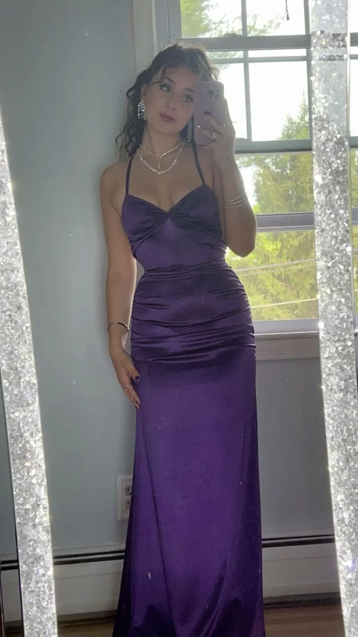 Simple Sheath Party Dress Spaghetti Strapless Purple Prom Evening Dress - VelvetHem
