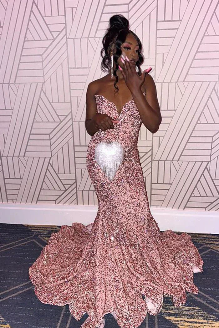 Pink Sequin Mermaid Evening Dress Strapless Long Prom Dress - VelvetHem