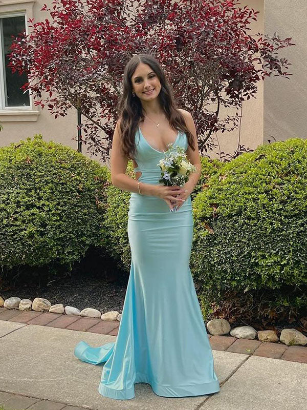 V Neck Mermaid Satin Long Prom Dress with Side Cutouts - VelvetHem
