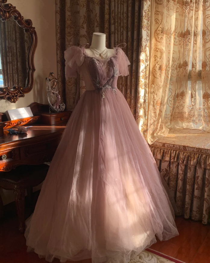 Sweet Tulle Sequin Beaded Ball Gown Pink Long Evening Dress Birthday Party Dress - View 2 | VelvetHem