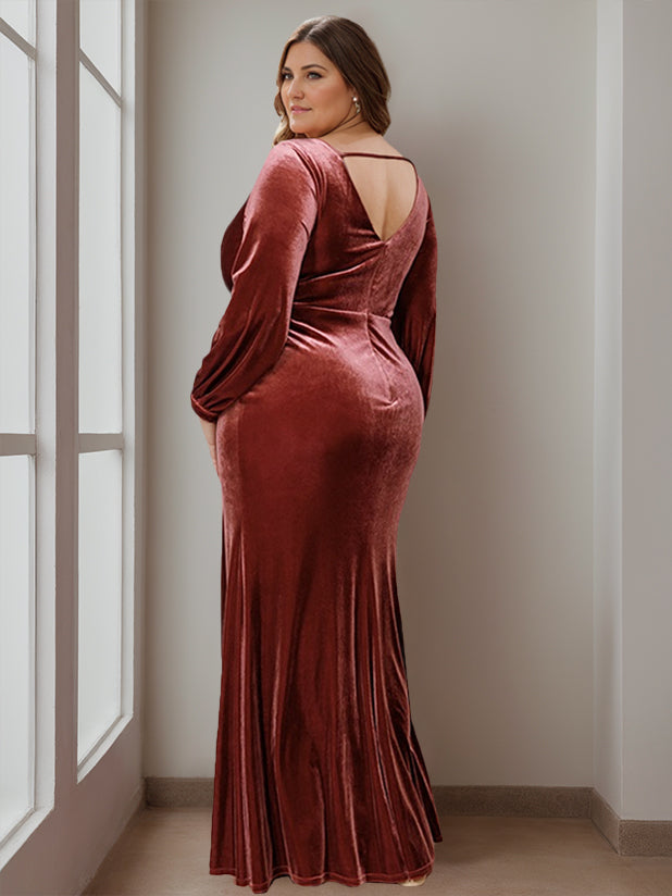 Velvet Mother of the Bride A Line Dress with V Neck and Ruffles Long Long Sleeves