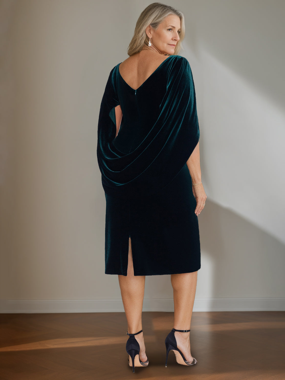 Velvet Mother of the Bride Dress with Ruffles: A Line Scoop Half Sleeves Knee Length