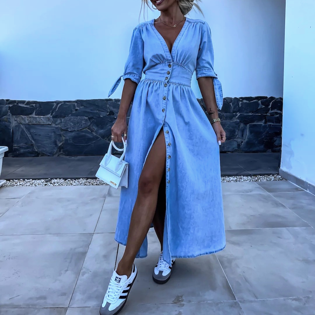 Jimena Statement Maxi Dress in Denim Premium Wardrobe Essential