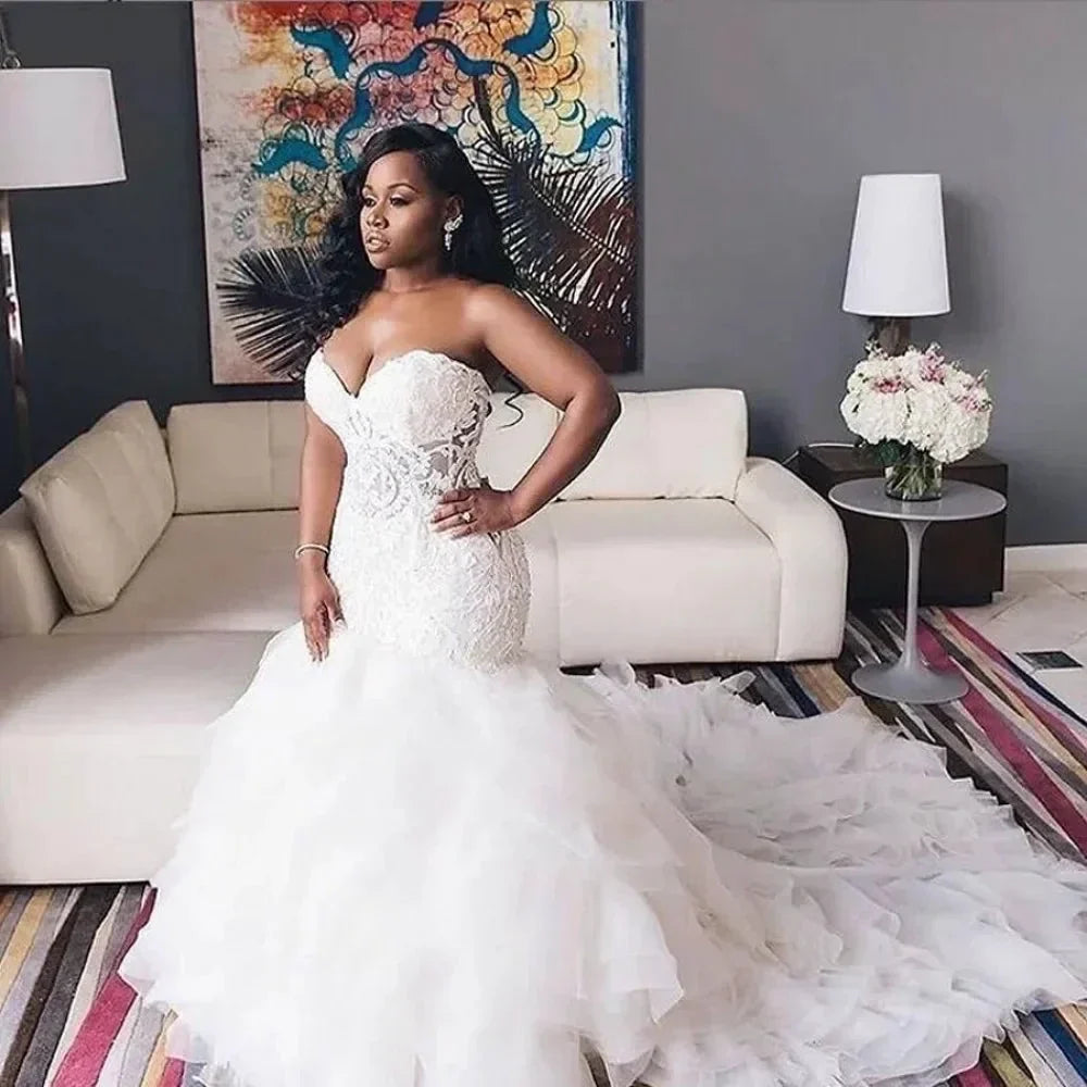 Vestidos De Novia Vintage Lace African Wedding Dresses Sweetheart Mermaid Back Lace Up Tiered Skirts Plus Size Bridal Gowns (ZD13305) - VelvetHem