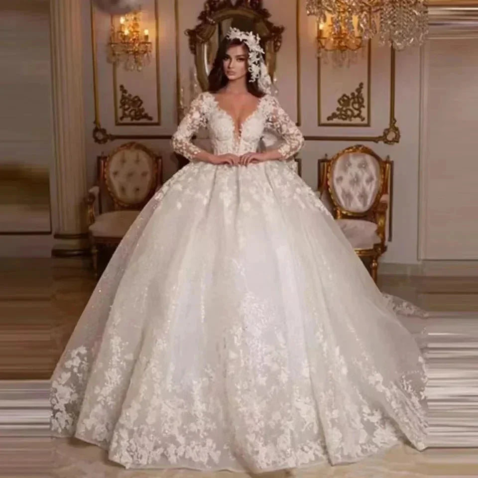 Lace Wedding Dresses Princess Ball Gown Beading Bridal Gowns Shinny Tulle Long Sleeves Ivory Dubai Marriage Dress by payinti