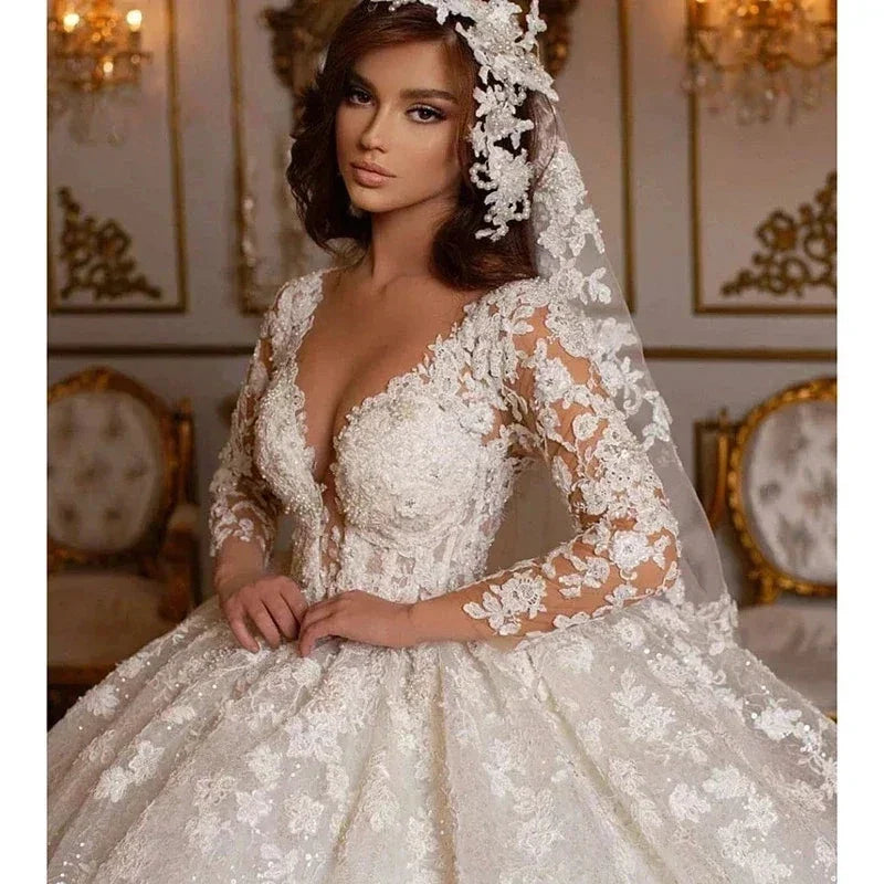 Lace Wedding Dresses Princess Ball Gown Beading Bridal Gowns Shinny Tulle Long Sleeves Ivory Dubai Marriage Dress (ZD13473)