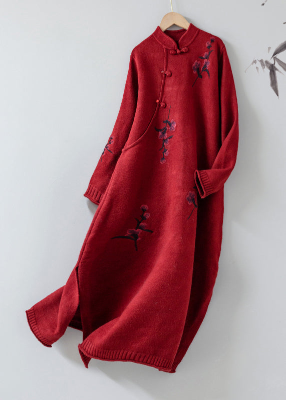 Vintage Apricot Stand Collar Embroideried Patchwork Woolen Knit Dress Fall