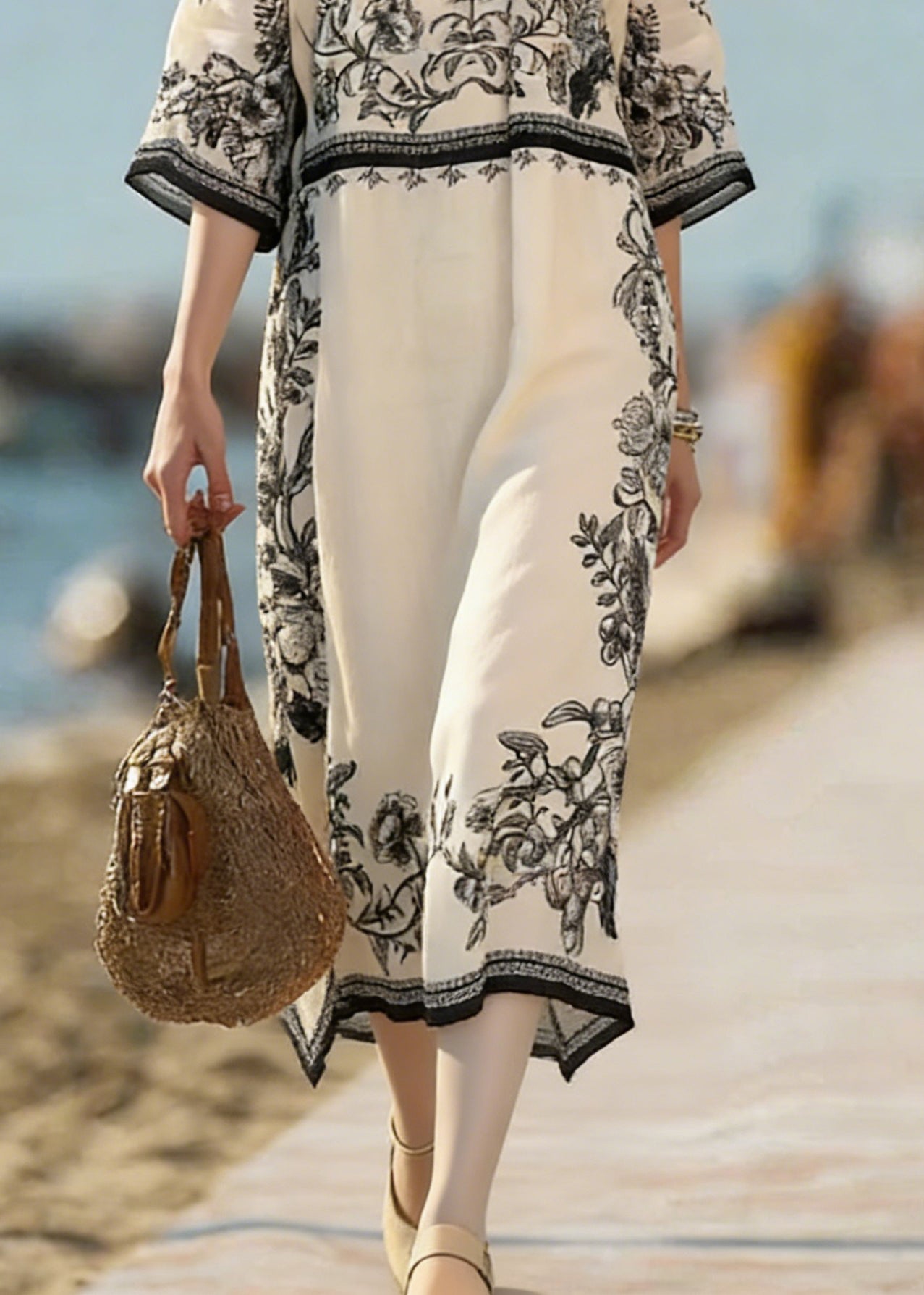 Vintage Beige Print Side Open Linen Dress Bracelet Sleeve