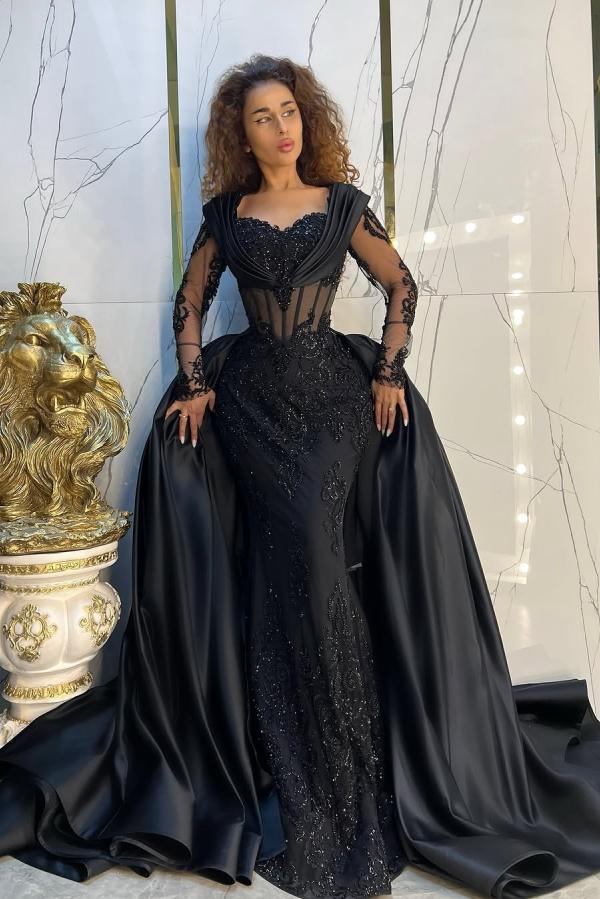 Vintage Black Prom Dress Mermaid Sweetheart Sleeves Sequined Panel Train Satin Formal Dress