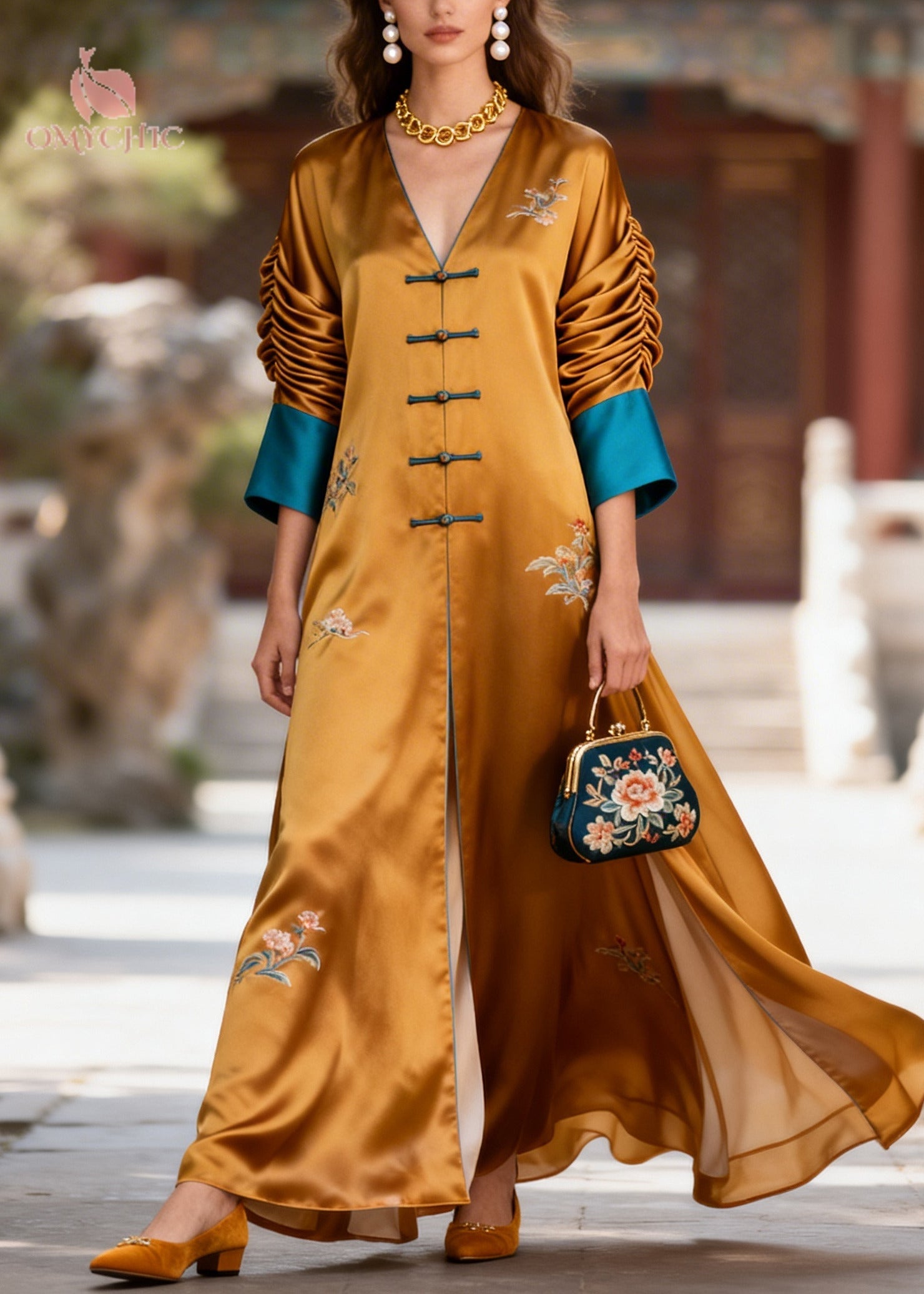 Vintage Brown Print Patchwork Chinese Button Silk Oriental Dress Fall