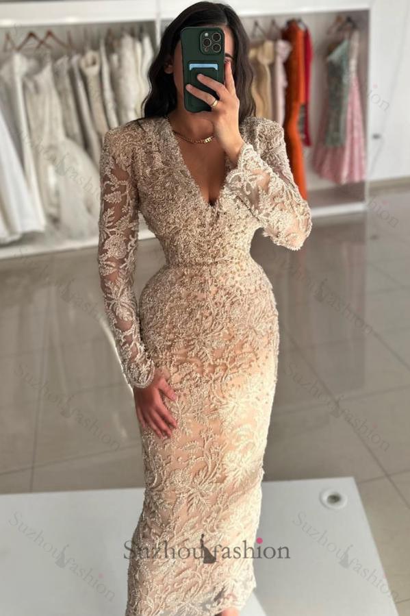 Vintage Champagne Prom Dress Column V Neck Sleeves Beading Lace Ankle Length Formal Dress