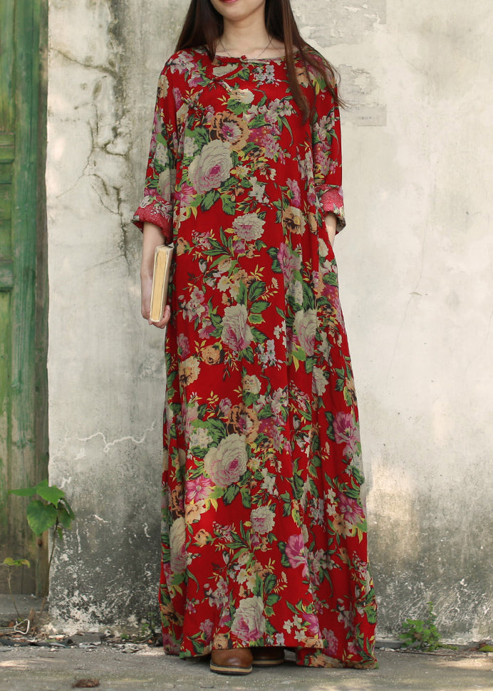 Vintage Dark Red O-Neck Pocket Print Cotton Long Dresses Long Sleeve (Limited Stock)