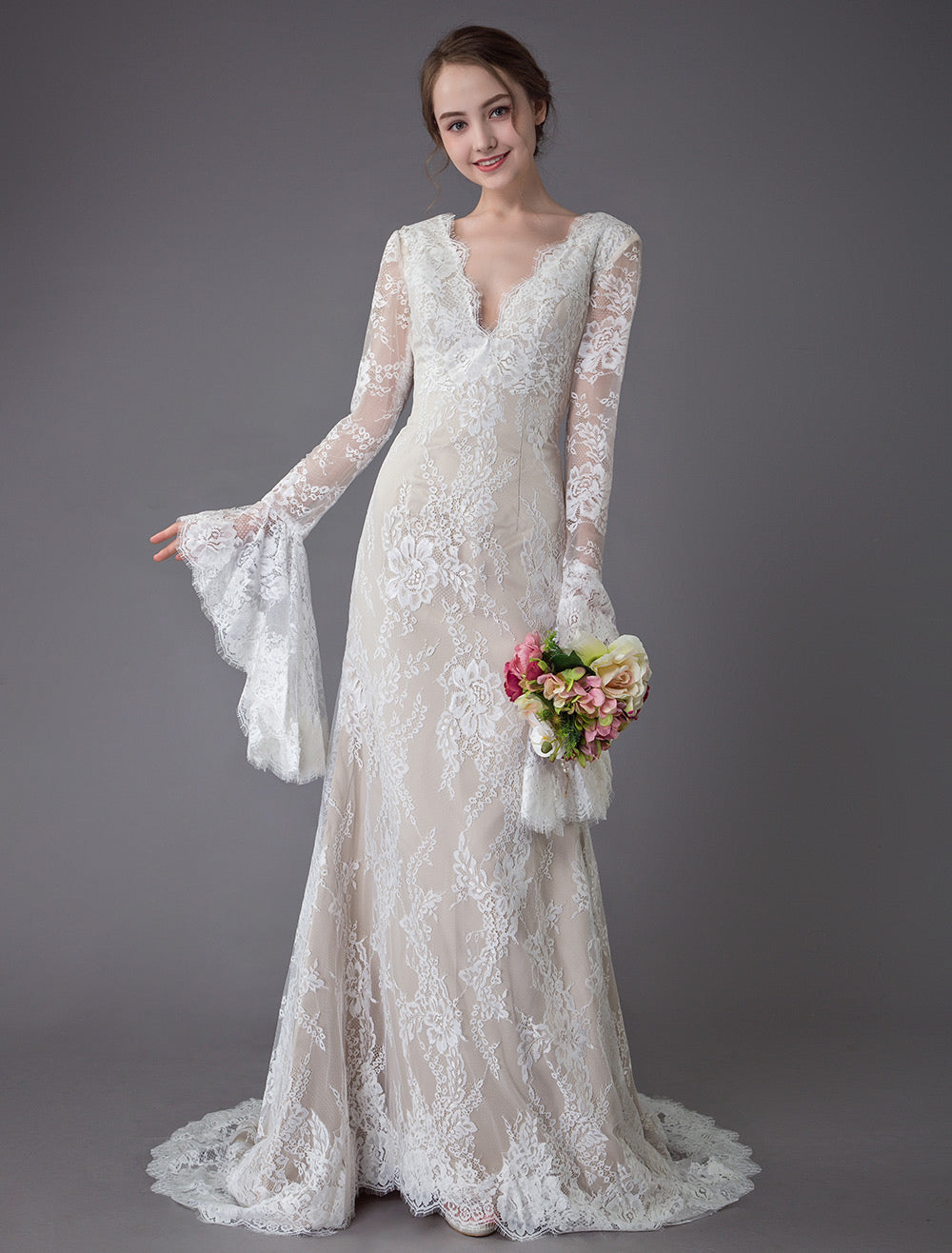 Vintage Deep V Neck Long Sleeves Lace A-Line Beach Wedding Dresses
