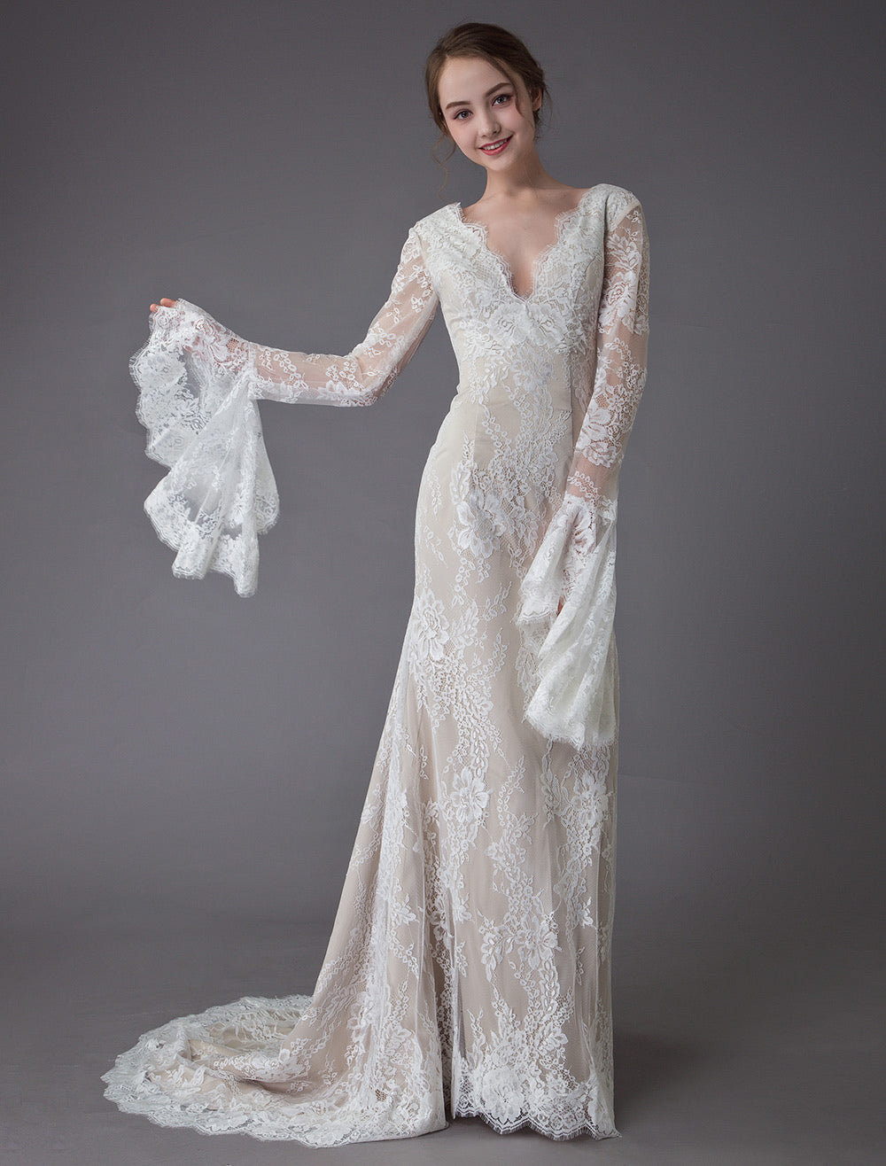 Vintage Deep V Neck Long Sleeves Lace A-Line Beach Wedding Dresses