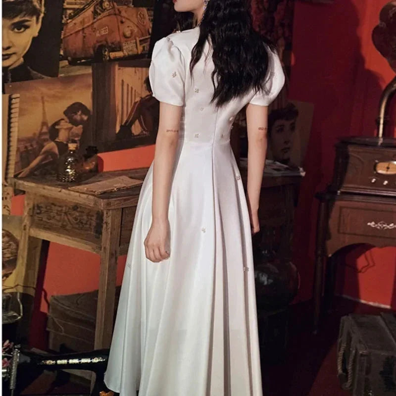 Elegant V-neck Wedding Party Dresses Belt Lace Up Slim Waist Pull Sleeve Evening Dress Simple Beading French Chic Robe (ZD13537)