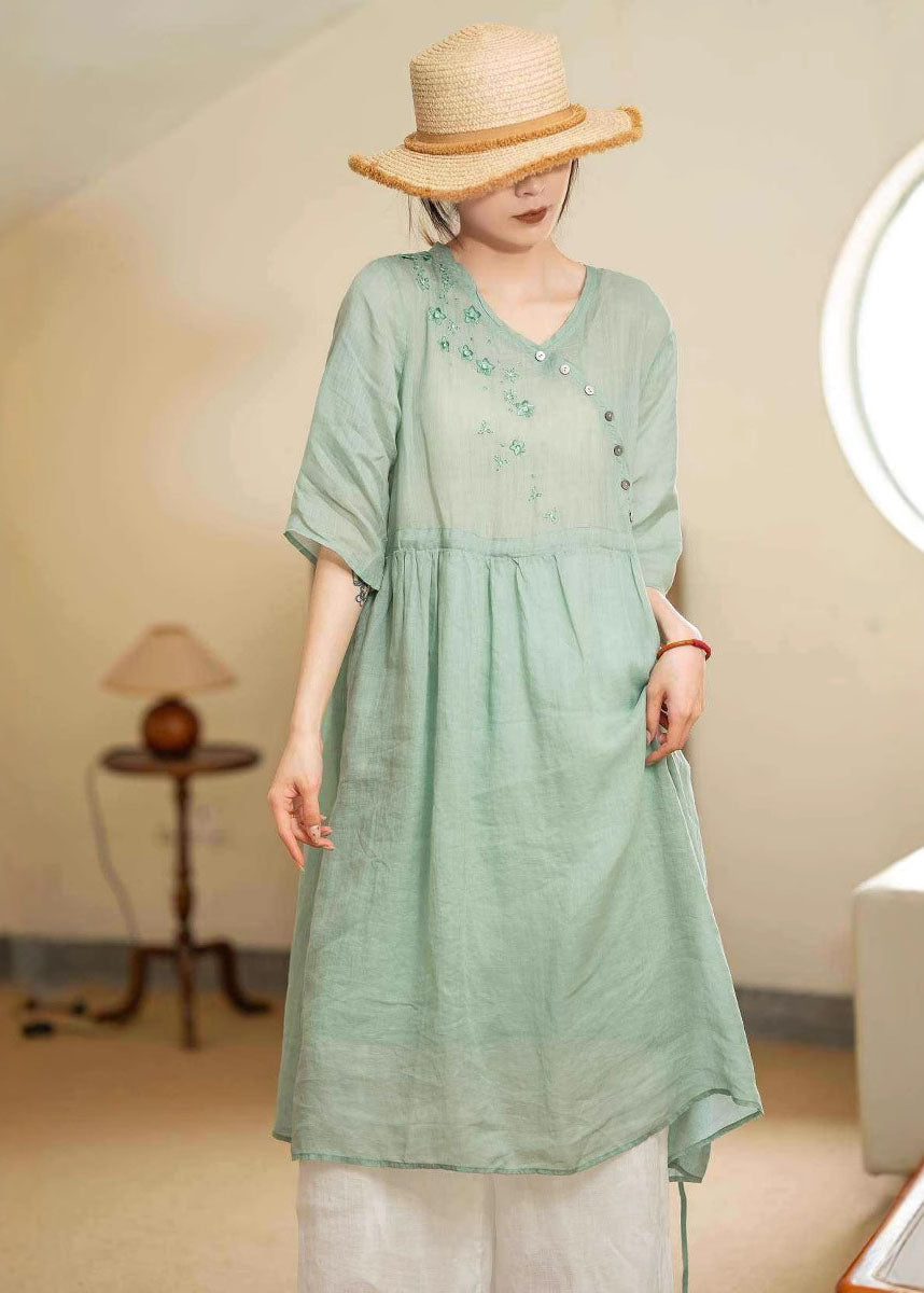 Vintage Green Embroidered Patchwork Lace Up Linen Dresses Summer