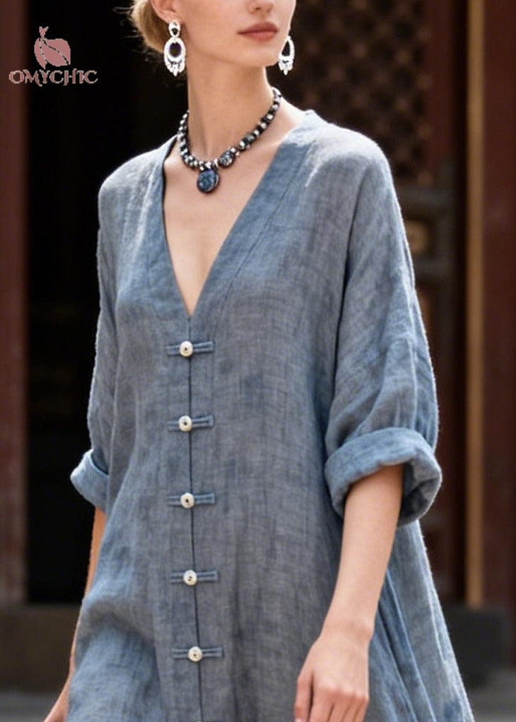 Vintage Grey Oversized Chinese Button Cotton Shirt Dresses Summer