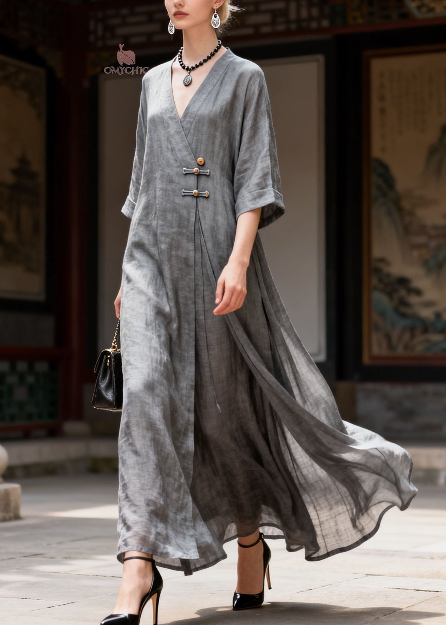 Vintage Grey V Neck Button Patchwork Cotton Long Dress Summer