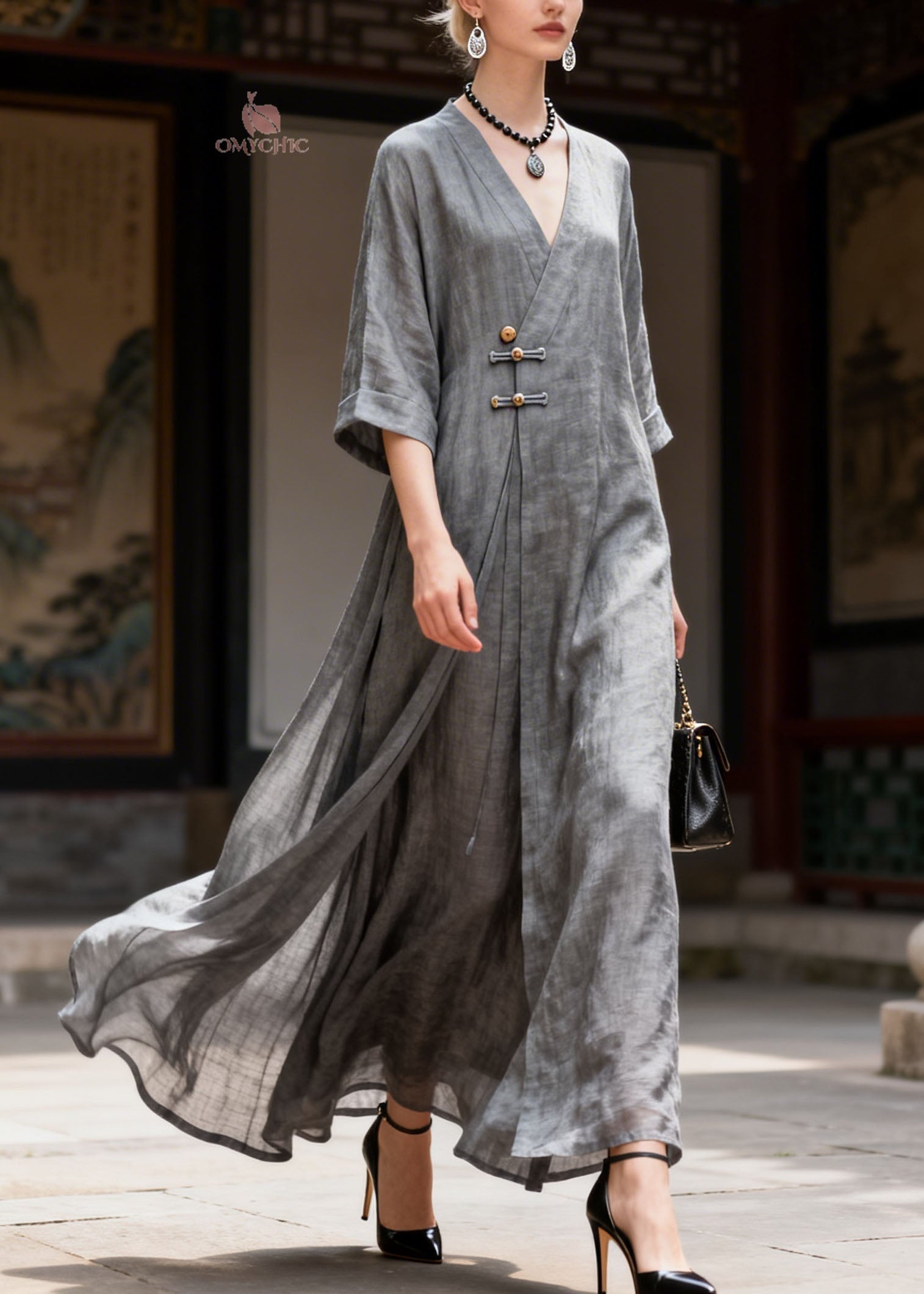 Vintage Grey V Neck Button Patchwork Cotton Long Dress Summer