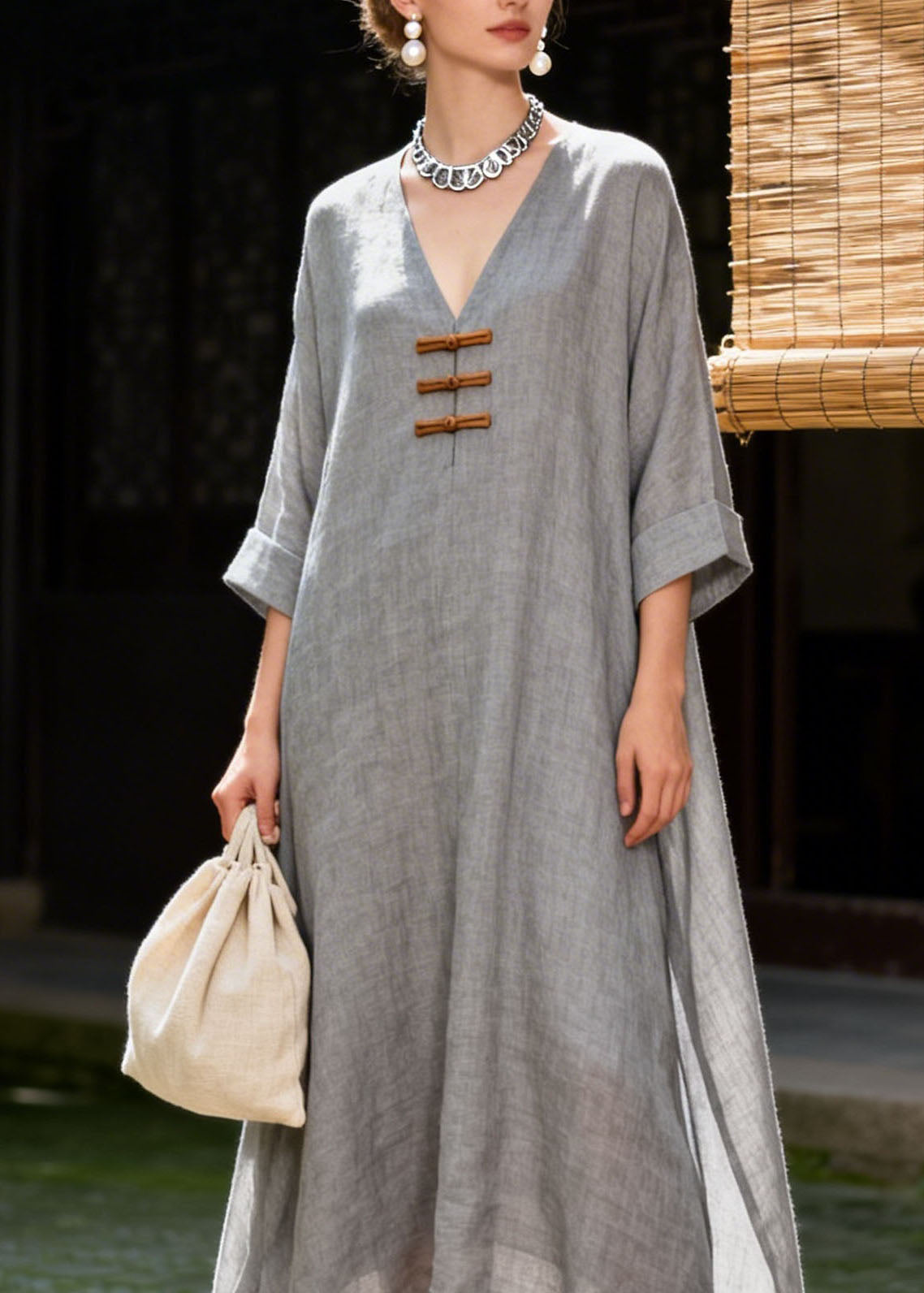 Vintage Grey V Neck Patchwork Cotton Long Dress Summer