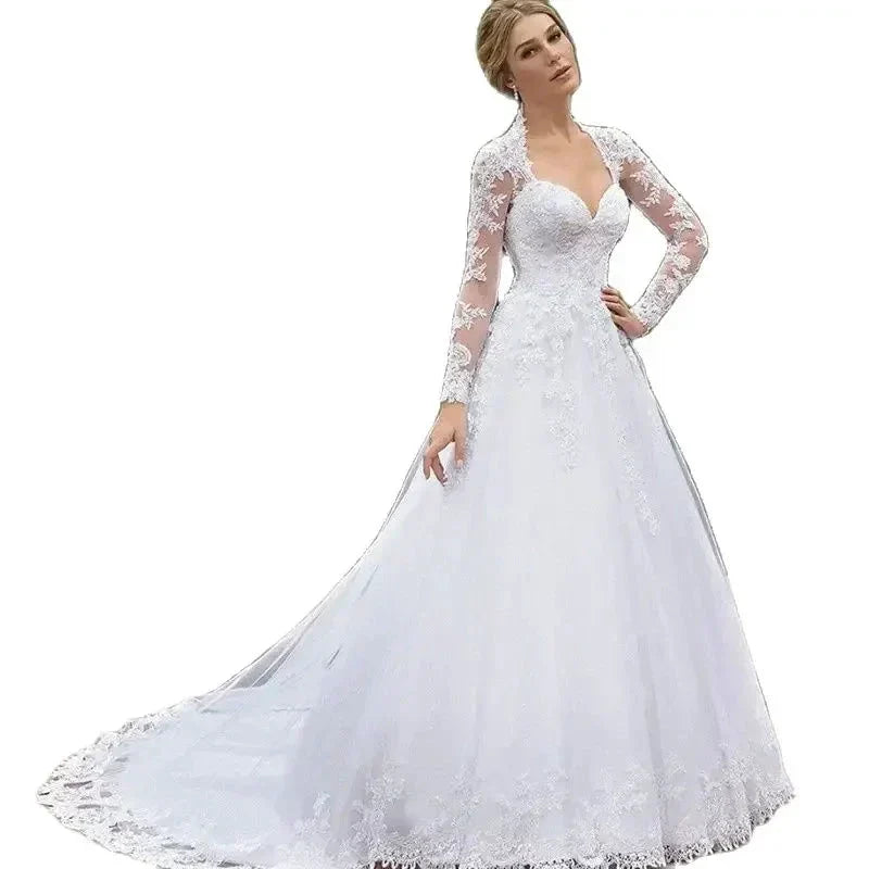 Vintage Italian white bridal dress Lace applique long sleeve tulle sweetheart Sweep Train Saudi Arabian trouw jurken dames (ZD14217) - VelvetHem