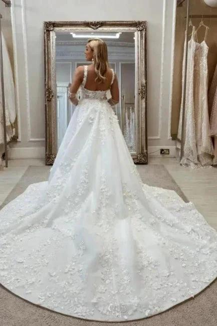 Vintage Long A-Line Lace Sleeveless Appliques Wedding Dresses with Detachable Train (ZD15632)