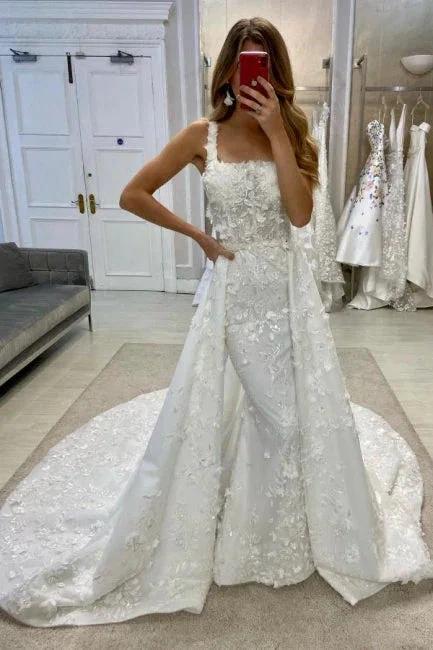 Vintage Long A-Line Lace Sleeveless Appliques Wedding Dresses with Detachable Train (ZD15632) - VelvetHem