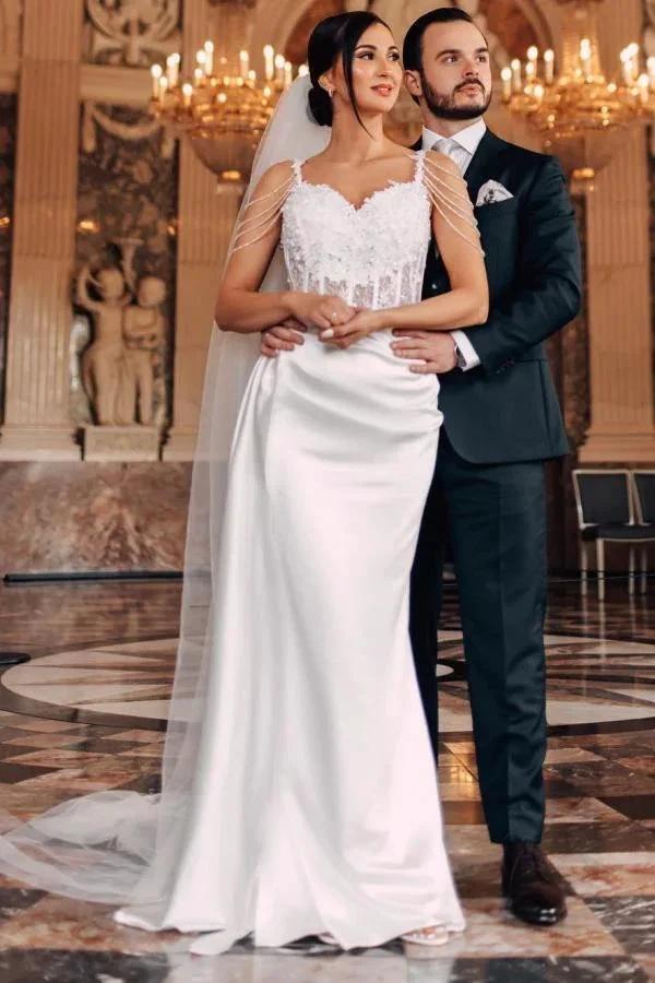 Vintage Long Mermaid Beading Sleeveless Wedding Dresses With Lace (ZD15646) - VelvetHem