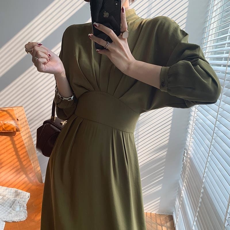 Vintage Long Sleeve Elegant Autumn Bodycon Dress Slimming Pleated Stand Collar Midi Dress