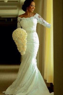 Vintage Long Sleeve Mermaid Lace Wedding Dress Crystal Latest Long Plus Size Bridal Gowns BA0645
