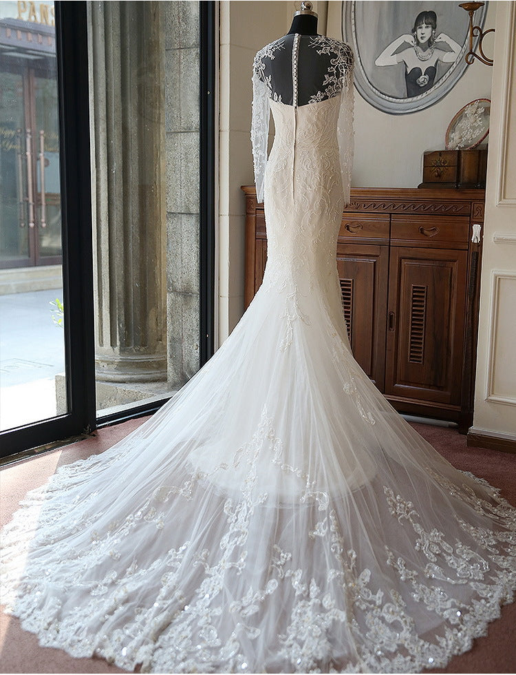 Vintage Long Sleeve Mermaid Tulle Bridal Gown New Arrival Court Train Wedding Dresses
