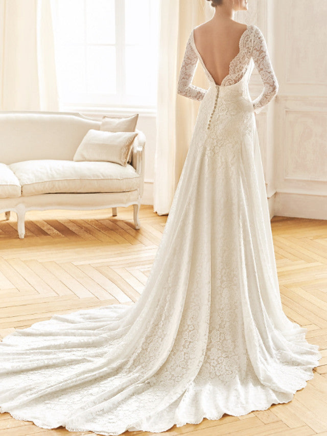 Vintage Mermaid Beach Wedding Dresses Jewel Lace Satin Long Sleeve Sexy See-Through Bridal Gowns with Sweep Train