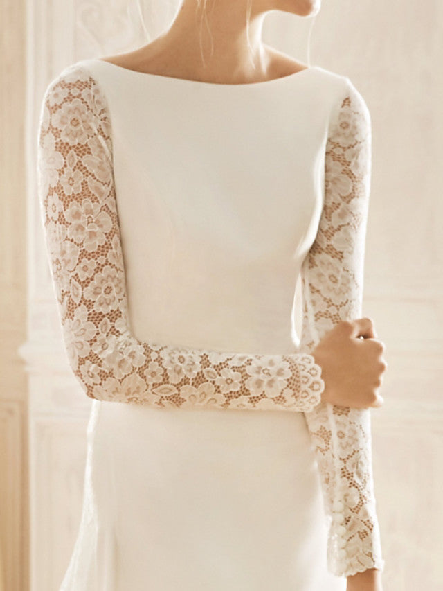 Vintage Mermaid Beach Wedding Dresses Jewel Lace Satin Long Sleeve Sexy See-Through Bridal Gowns with Sweep Train