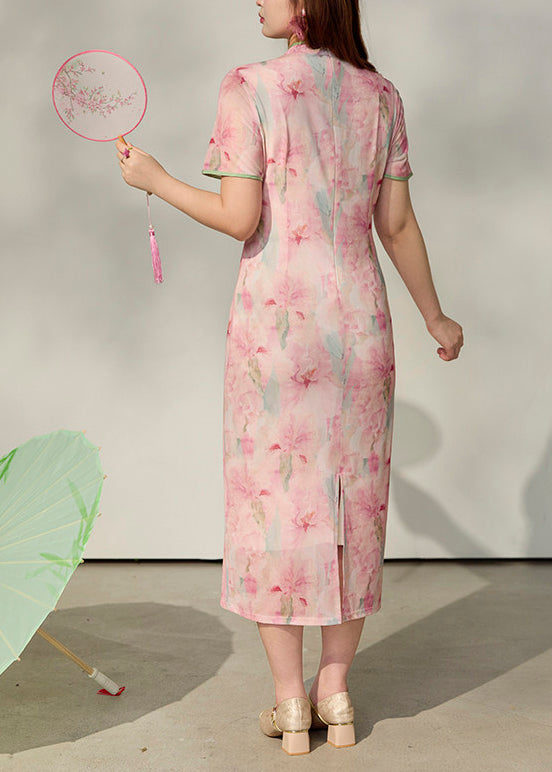 Vintage Pink Print Side Open Cotton Oriental Dress Summer