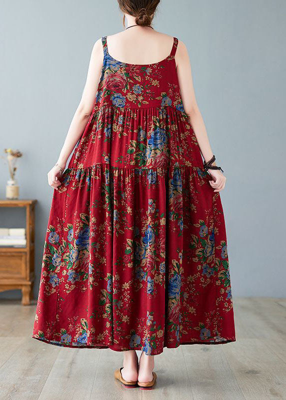 Vintage Red Oversized Print Cotton Spaghetti Strap Dress Dress Summer