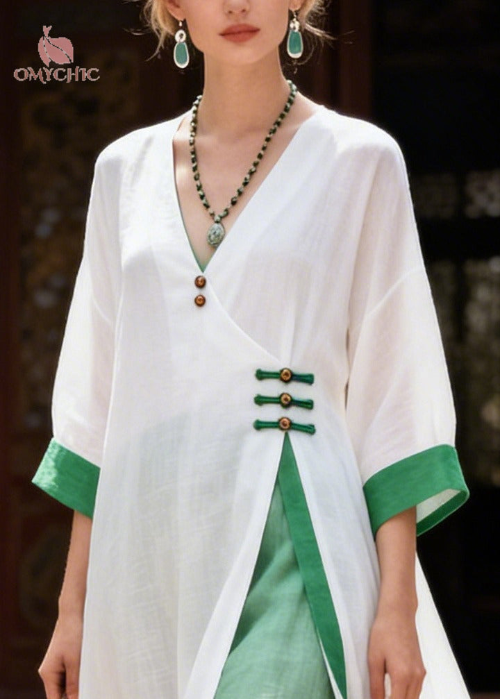 Vintage White Patchwork Chinese Button Cotton Oriental Dress Summer