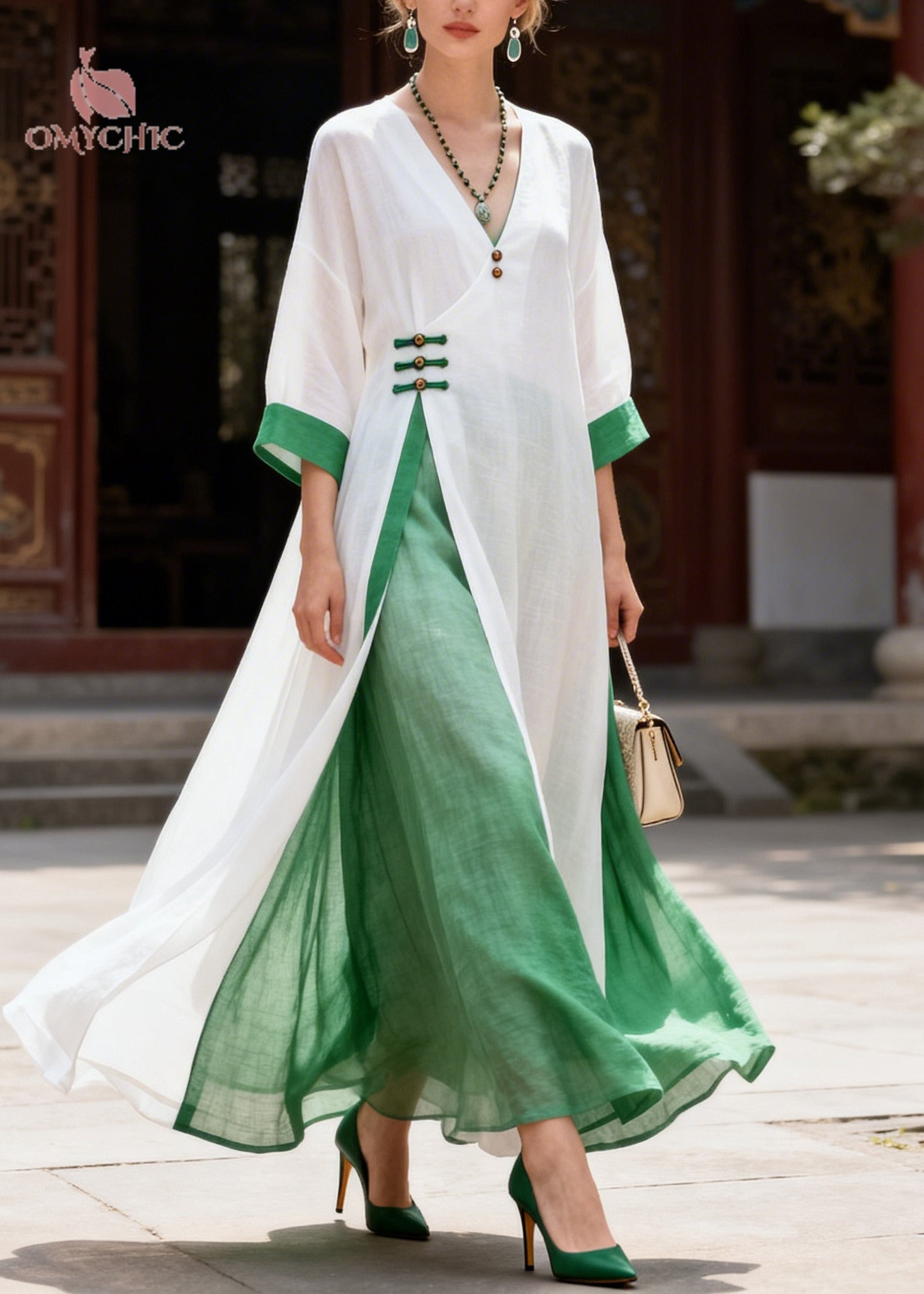 Vintage White Patchwork Chinese Button Cotton Oriental Dress Summer