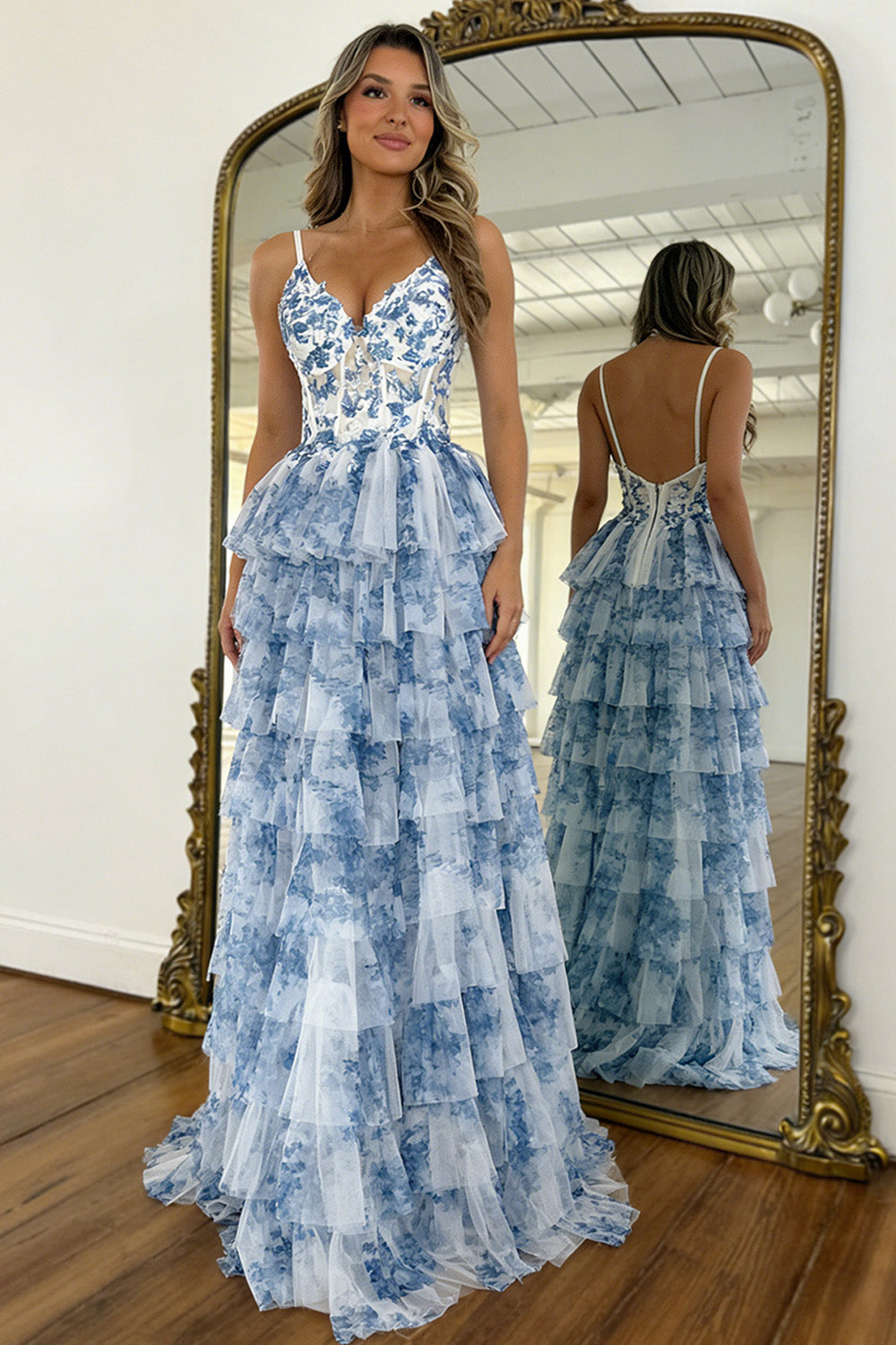 Gorgeous A Line Spaghetti Straps Blue Floral Tiered Tulle Prom Dress with Corset Bodice