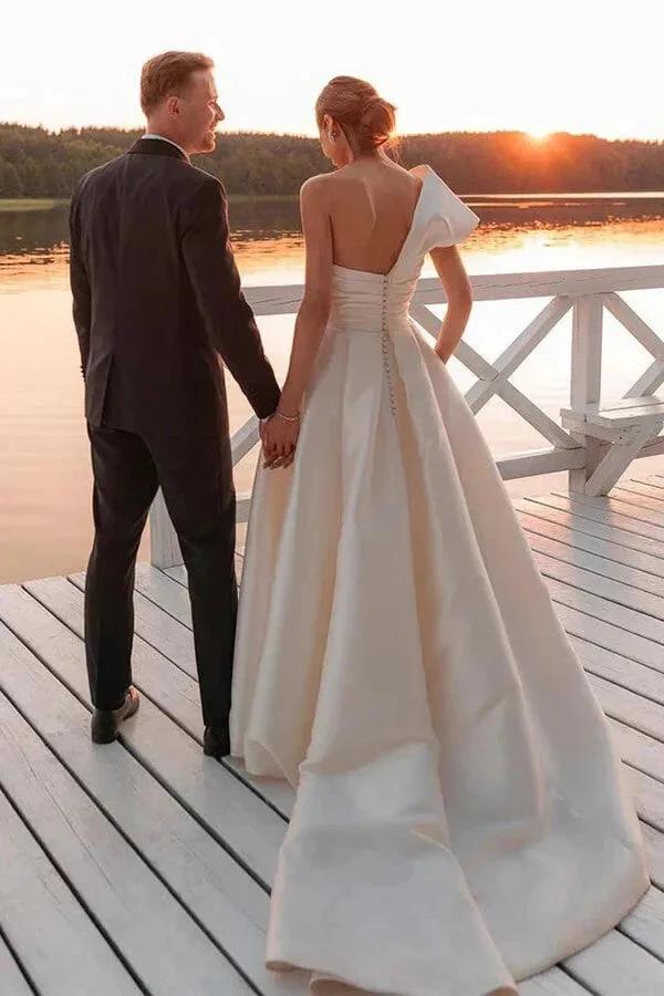 Vintage Wedding Dress One Shoulder Bridal Gown With Court Train (ZD16096)