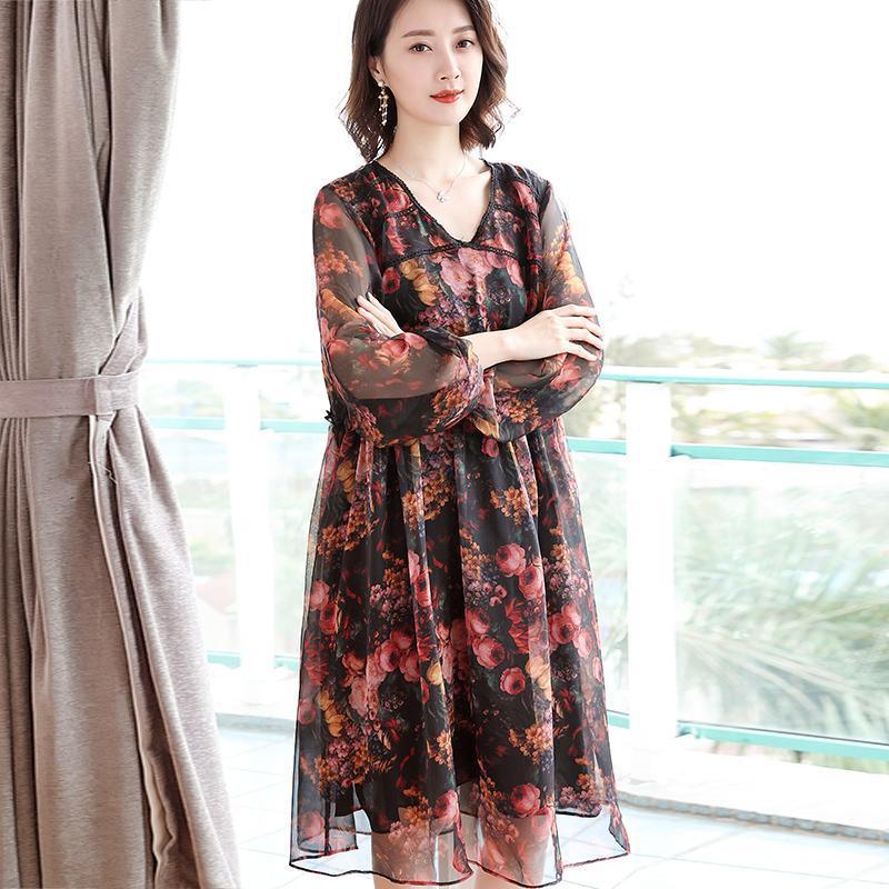 Vintage Chiffon Loose Floral Hollow Women Midi Dress - Omychic