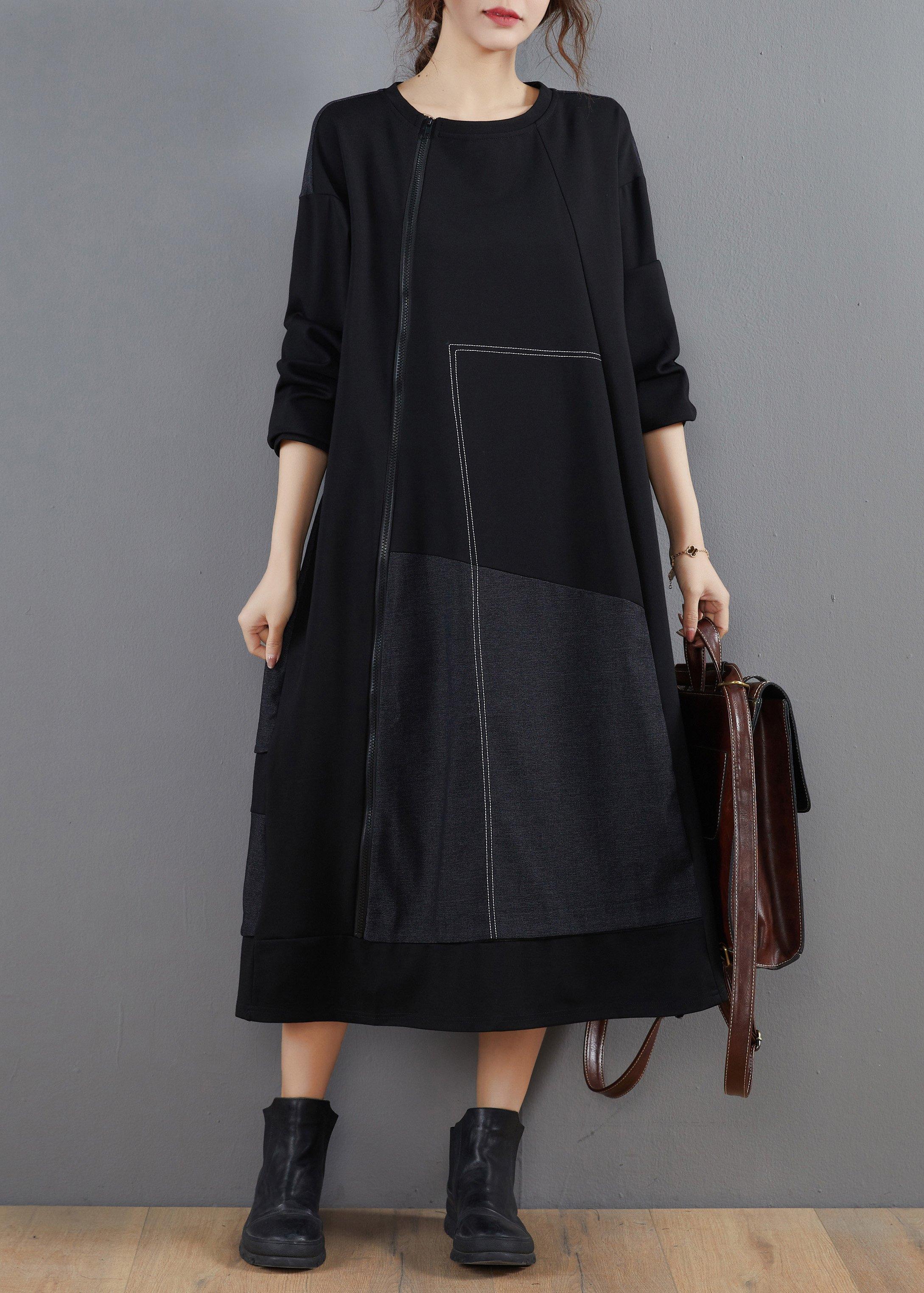 Vivid Black Clothes For Women O Neck Patchwork Long Spring Dresses