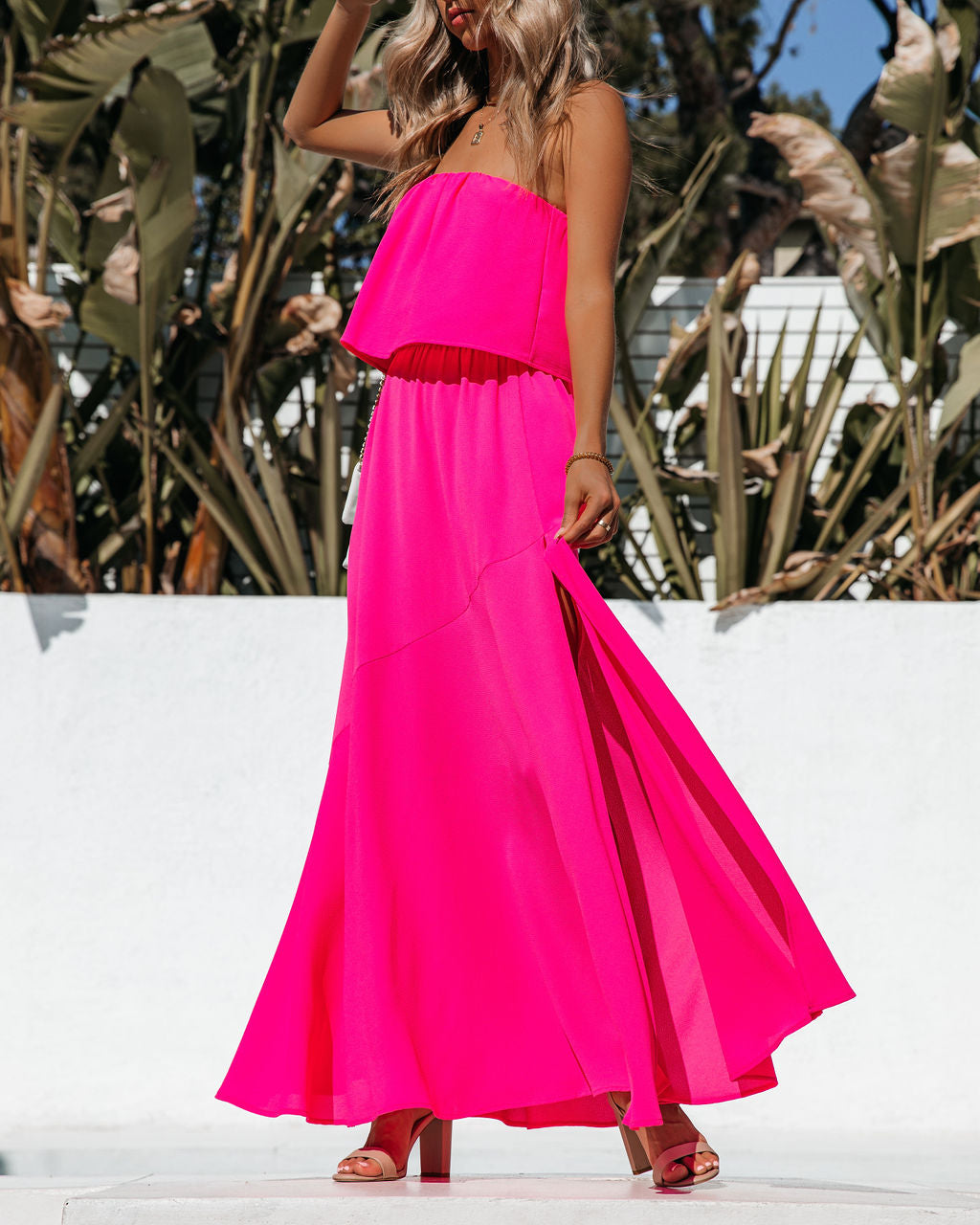 Vivid Strapless Slit Maxi Dress Hot Pink
