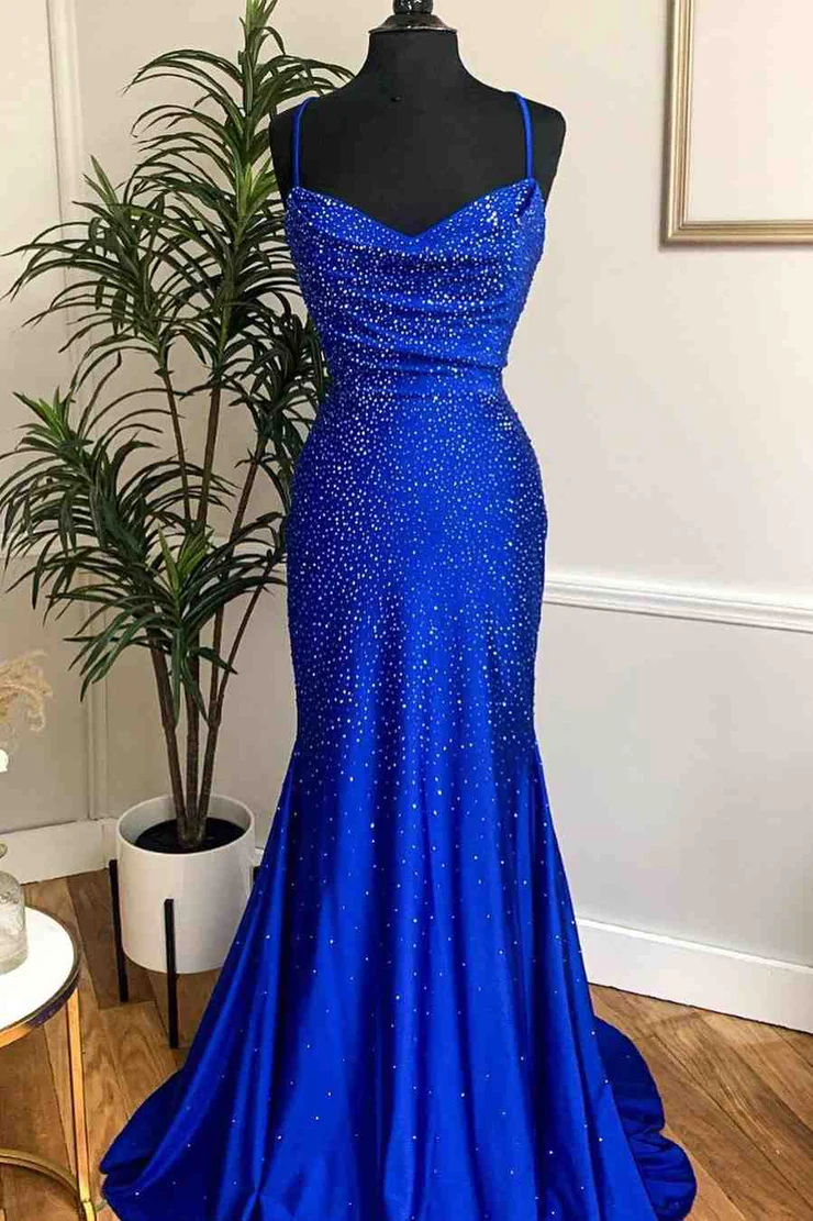 Royal Blue Beaded Cowl Neck Mermaid Long Prom Dress - VelvetHem