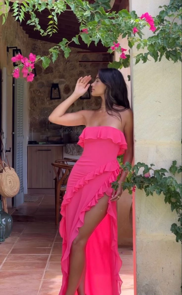 Sexy Strapless Ruffle Slit Prom Dress,Hot Pink Party Evening Dress - VelvetHem