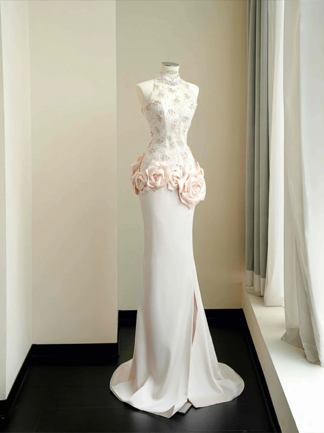 Elegant Light Pink Satin Lace Sequin Beaded Evening Dress Slit Mermaid Prom Dress Y8672 - VelvetHem