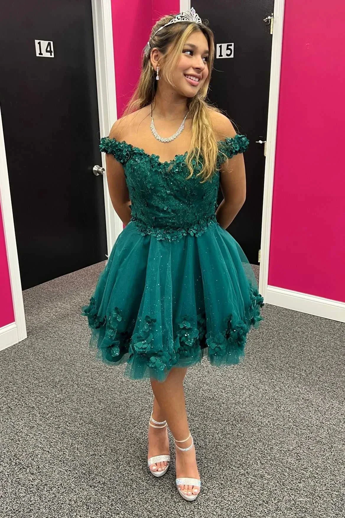 Off-the-Shoulder Emerald Appliques A-Line Homecoming Dress Y2085 by simplepromdress