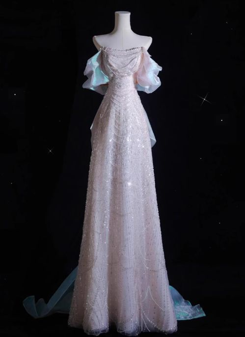Pink A-Line Off-Shoulder Tulle Sequins Beaded Long Prom Dress Formal Evening Dress Y8050 - VelvetHem
