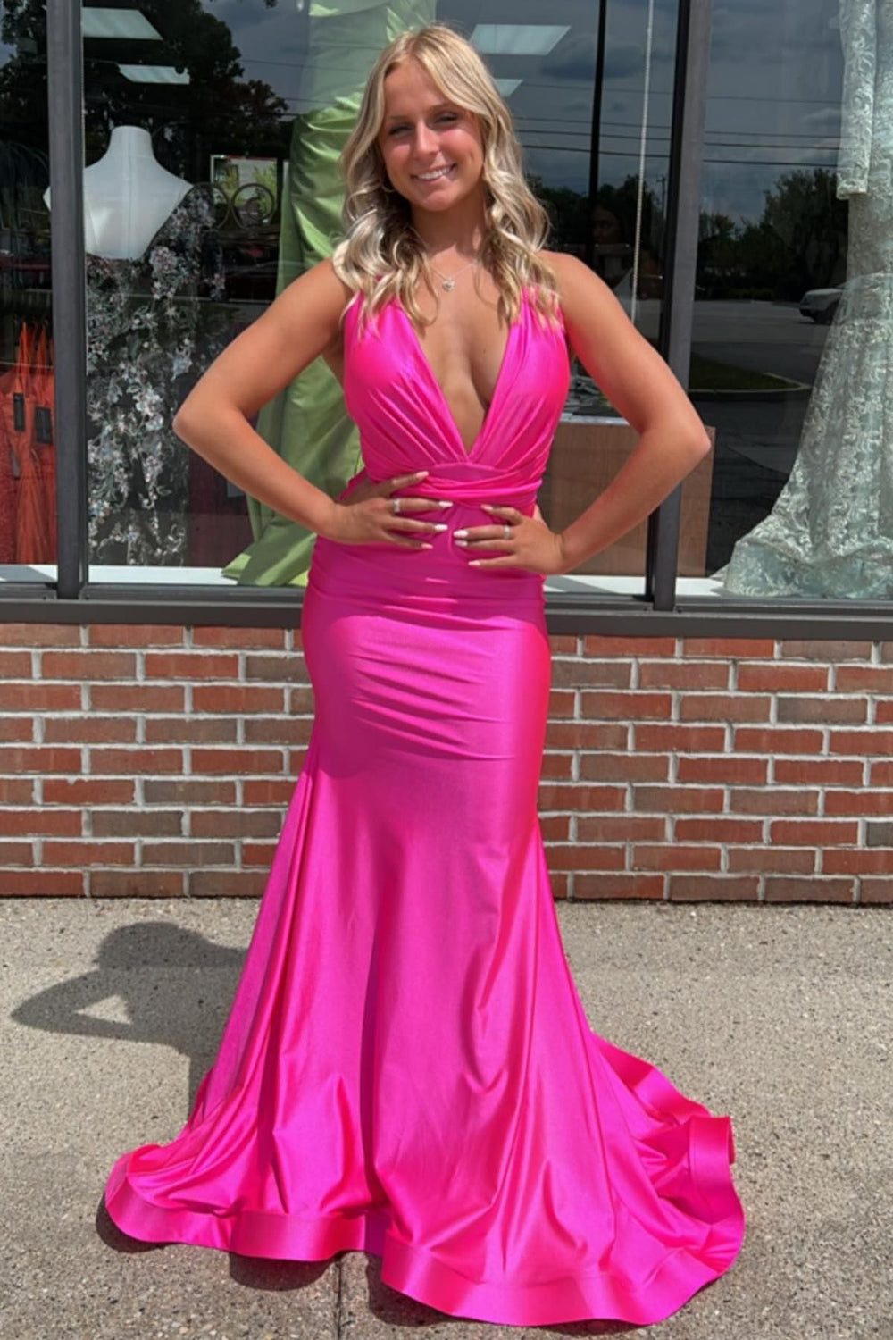 Mermaid Deep V-neck Hot Pink Prom Dress - VelvetHem