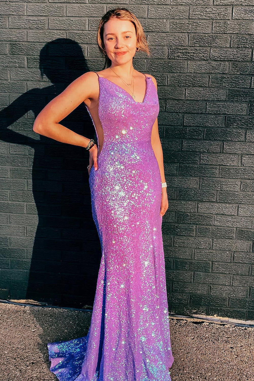 Sheath Spaghetti Straps Sweep-Brush Train Glitter Prom Dress - VelvetHem